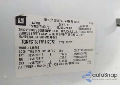 2007 Chevrolet Tahoe Lt из США, поврежденный, VIN 1GNFC13J17R112072